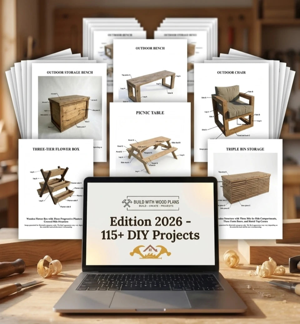 Laptop surrounded by woodworking project guide pages from the 115+ DIY Projects Master Pack