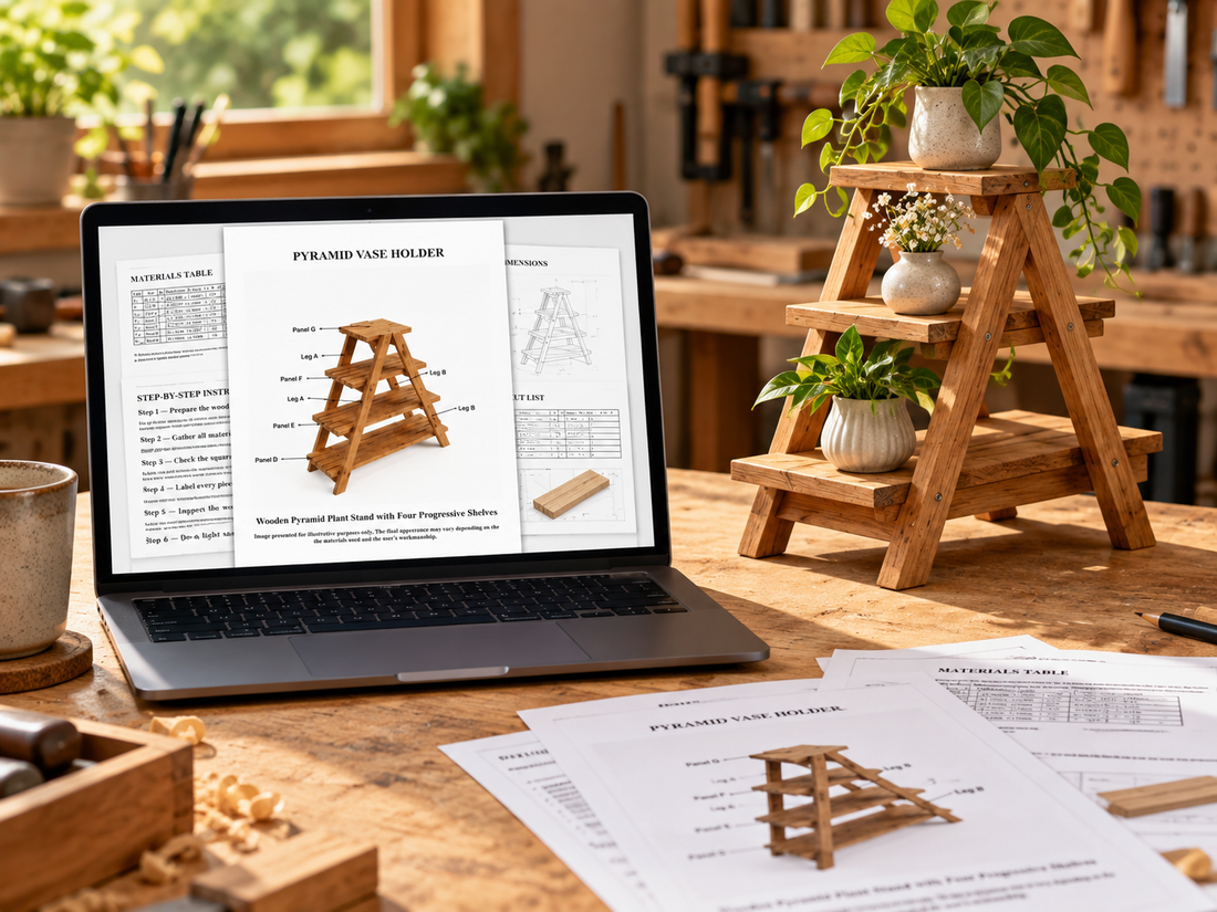 Woodworking plans displayed on a laptop and printed sheets in a workshop with project measurements