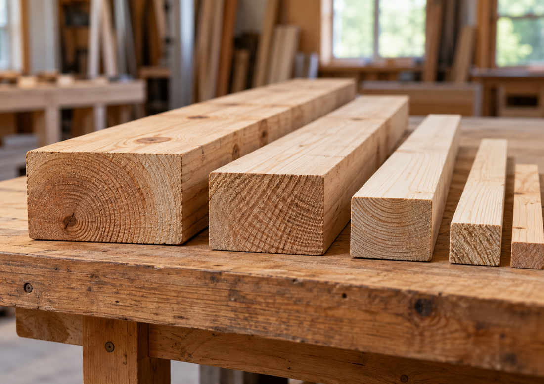Dimensional lumber boards of different sizes arranged on a woodworking bench