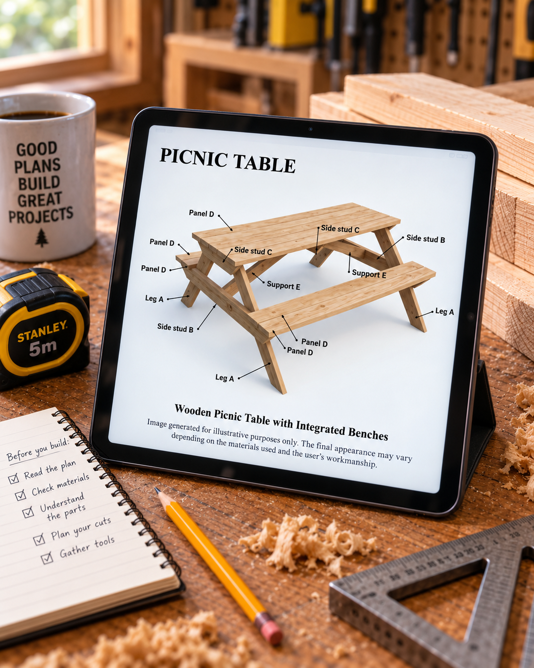 Digital woodworking plan for a picnic table displayed on a tablet in a workshop