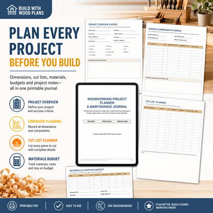 Woodworking project planner pages for dimensions, cut lists, materials and budgets
