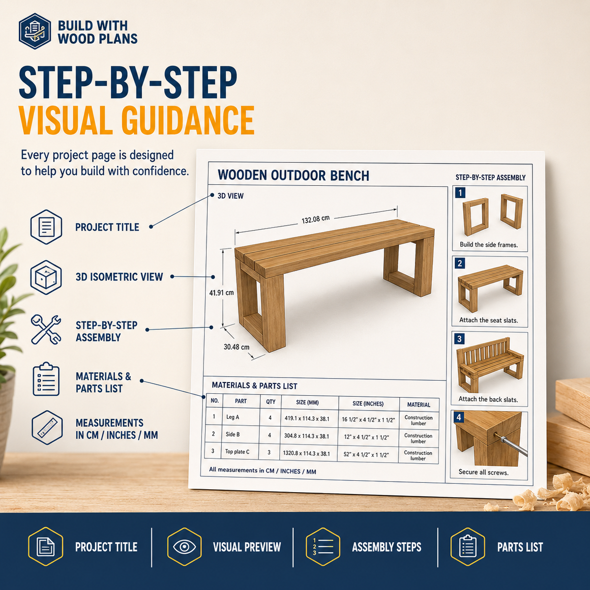 Step-by-step outdoor woodworking assembly instructions and visual guides