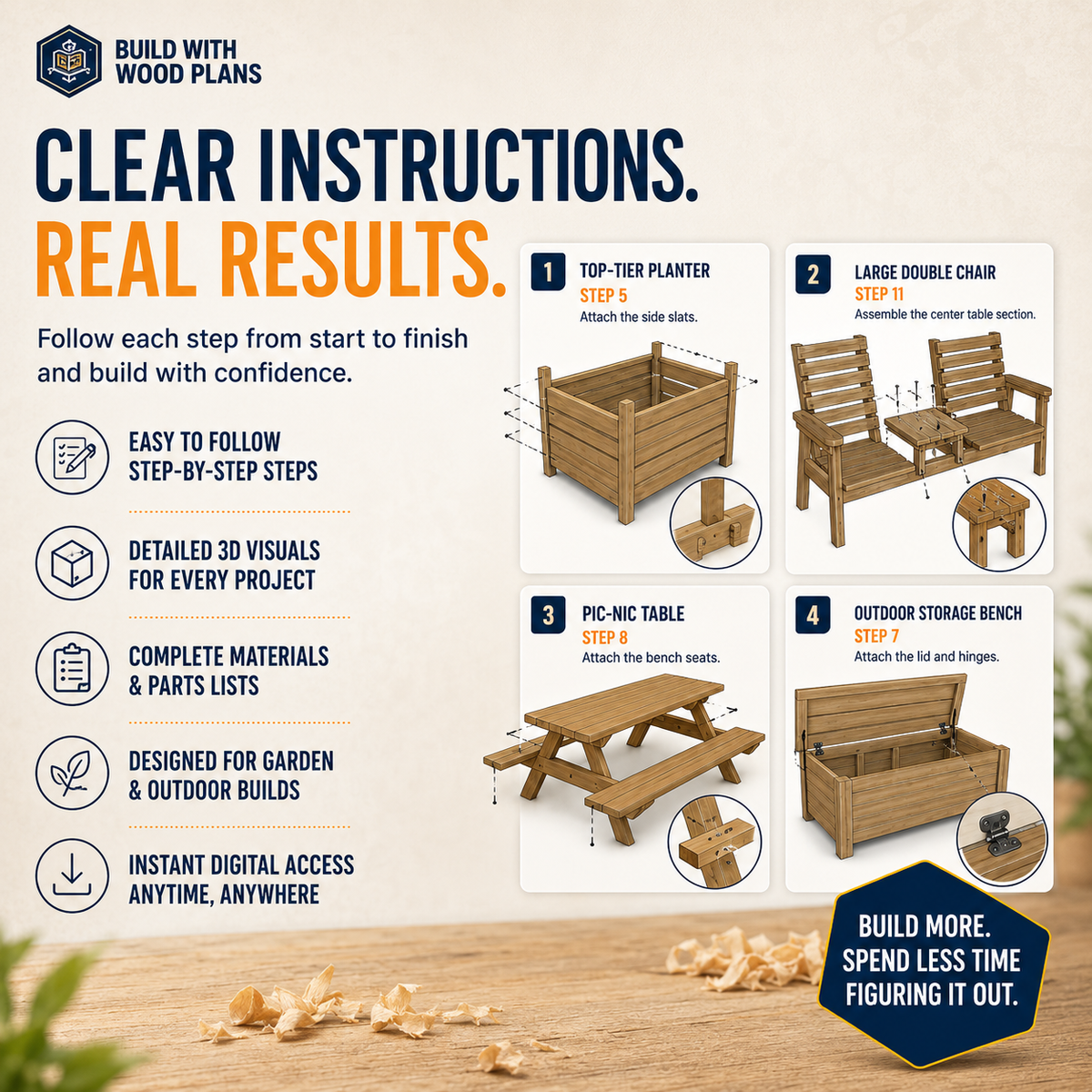 Outdoor woodworking guide with 3D view, parts list and assembly steps
