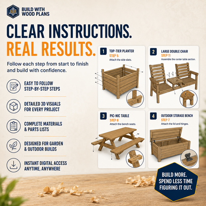 Outdoor woodworking guide with 3D view, parts list and assembly steps
