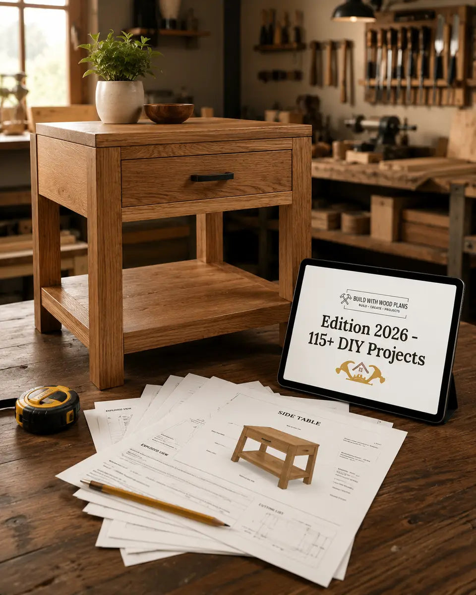 Wooden side table project displayed with digital woodworking plans and printed guide pages