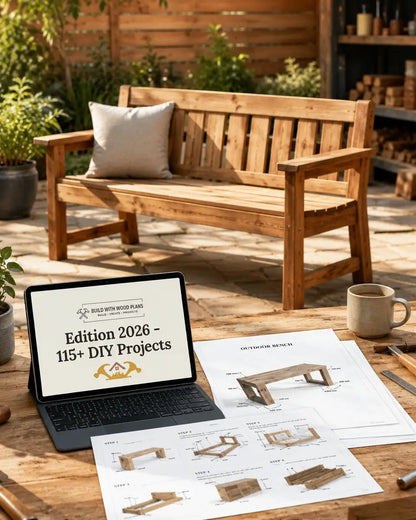 Finished outdoor wooden bench with digital woodworking plans and printed project instructions