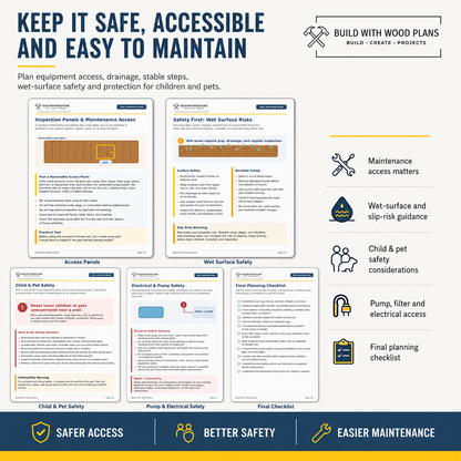 Pool surround safety guide with equipment access, wet surface and maintenance checks
