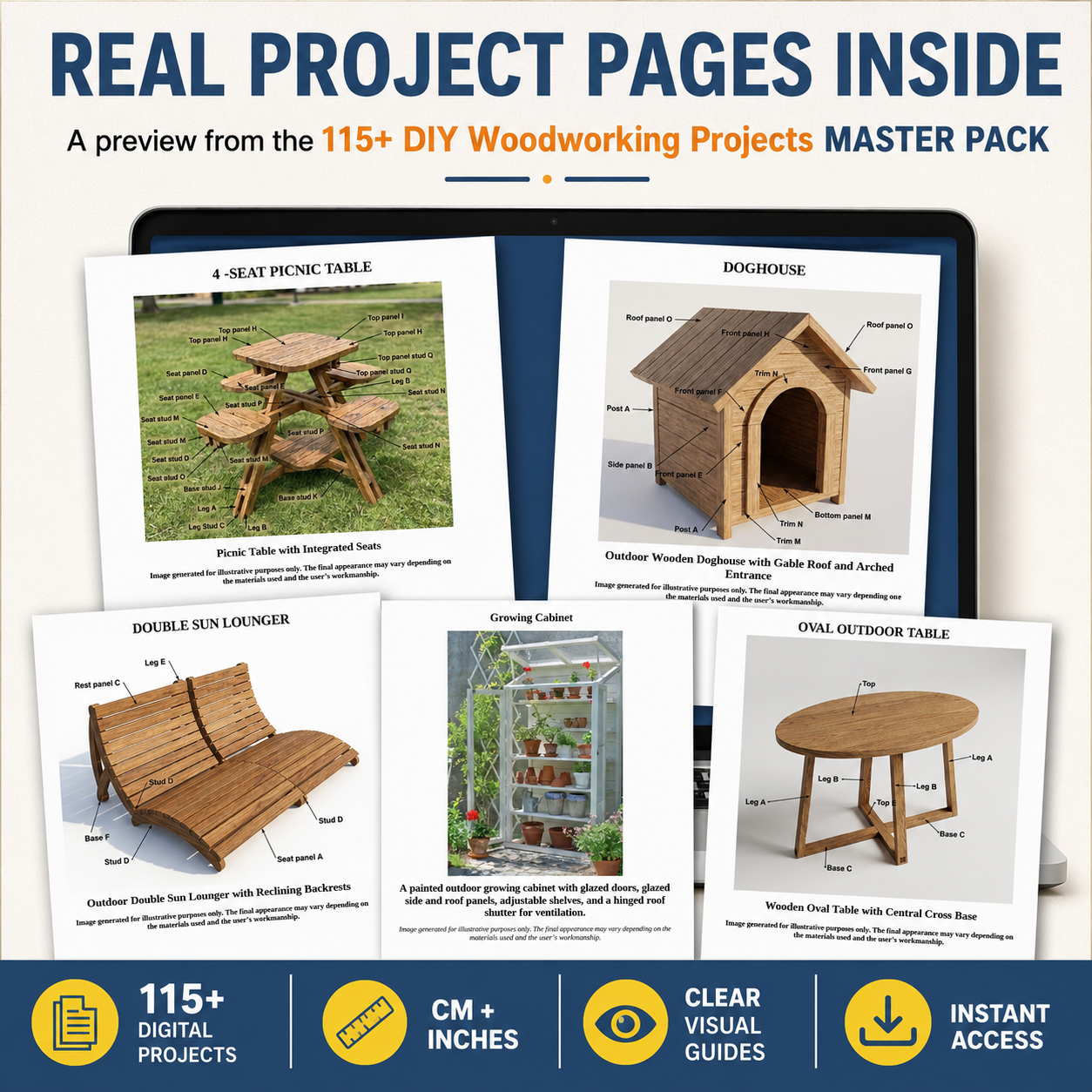 Real woodworking project pages included in the 115+ DIY Master Pack, showing outdoor furniture, storage and garden builds