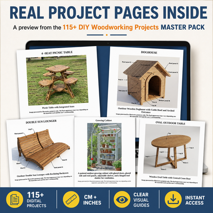 Real woodworking project pages included in the 115+ DIY Master Pack, showing outdoor furniture, storage and garden builds