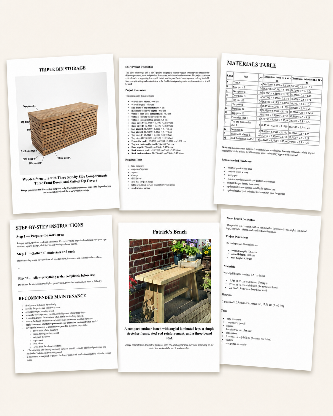 Real woodworking guide pages showing Triple Bin Storage, project dimensions, materials table and step-by-step instructions