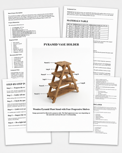 Real Pyramid Vase Holder woodworking guide with project image, dimensions, materials and step-by-step pages
